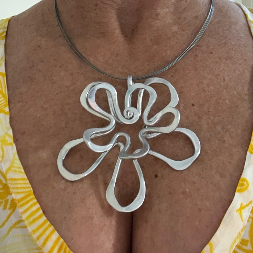 Modern Sculptural Silver Flower Statement Necklace